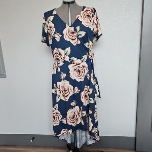 BCX Navy Wrap Dress with Blush Rose Print